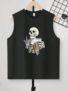 SHEIN 1 Pc Teen Boy Skeleton Graphic Printed Sleeveless Tank Top With Size Code, For Vacation Spring Wear; Teen Boys' Clothing; Teen Boy' Jackets, Spring Back To School