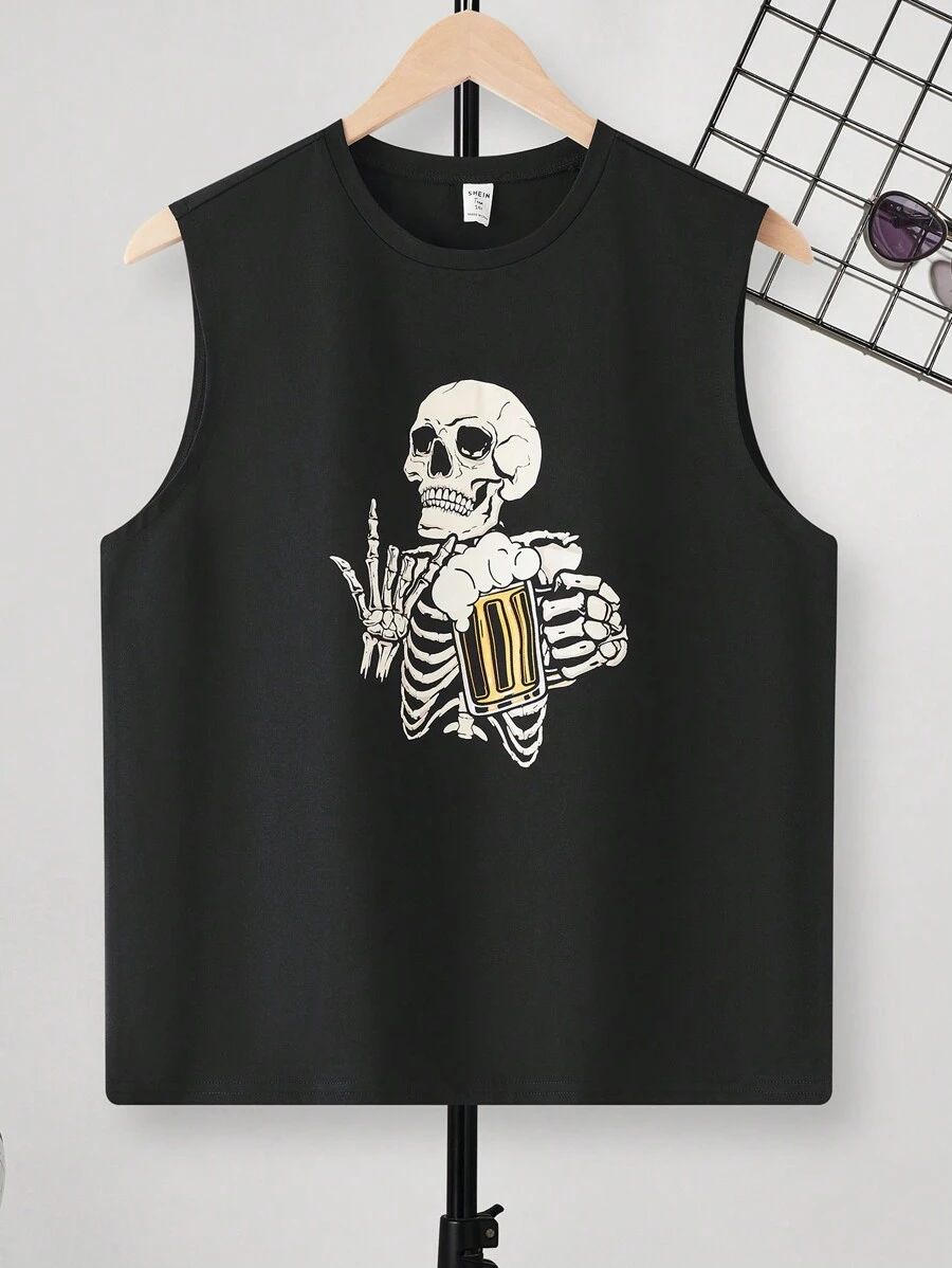 SHEIN 1 Pc Teen Boy Skeleton Graphic Printed Sleeveless Tank Top With Size Code, For Vacation Spring Wear; Teen Boys' Clothing; Teen Boy' Jackets, Spring Back To School