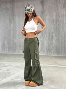 StreetHx Women's Spring Casual Solid Color Low-Waist Cargo Wide Leg Pants - Army Green - View 4