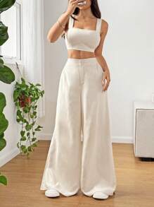 Muchica 夏日度假亚麻方领吊带背心和阔腿长裤套装