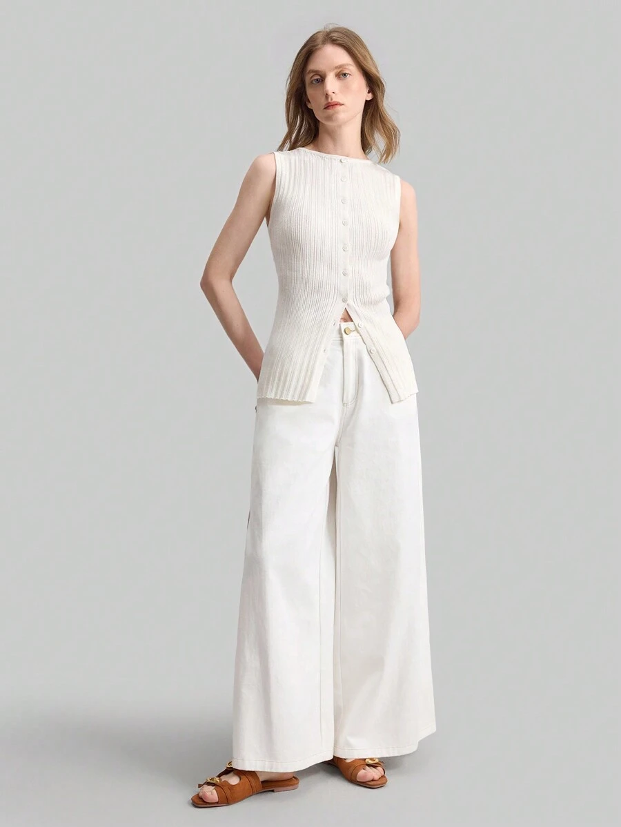 Ontre High Quality Women Knitted Vest Top, Ribbed Texture, Sleeveless Boat Neck Design, Shell Buttons, Casual Urban Style Spring Apparel