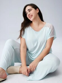 LUVLETTE Bộ đồ ngủ tay ngắn lưới thoáng khí mềm mại Plus & quần dài thoáng khí Bộ đồ ngủ thể thao thoải mái thường ngày Quần áo thể thao có túi Đồ lót làm đồ mặc ngoài Bộ đồ ngủ cho nữ - Màu xanh nhạt - Xem 9