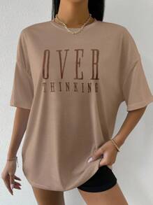 Flirla Drop Shoulder Letter Embroidery Top Graphic Tees Women Tops