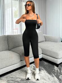 Siren Gaze 女式無肩帶連身褲，拖地褲管，修身版型 - 黑色 - 查看 3