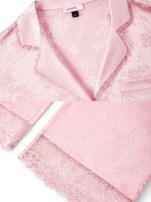 LUVLETTE Autumn And Winter Silky Satin Pink Retro Elegant Luxurious Floral Patterned Lace Trim Button-Up Top & Pants Loungewear Pajama Set For Women Pants With Pockets Lounge Sets For Women Lingerie Bridal Intimates Fall Pajamas - Pink - View 4