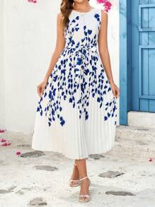 Ellevyn Elegante ronde hals, geplooide voorkant, bloemenprint, blauwe, middellange bodyconjurk voor dames, vakantie- en Valentijnsdagjurk