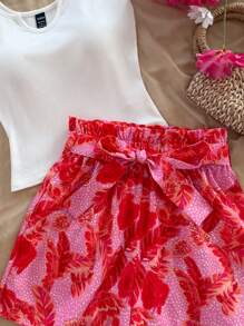 Soleia 2pcs/Set Women's Solid Color Tank Top & Floral Print Shorts, Vacation & Casual Set, Summer Outfit