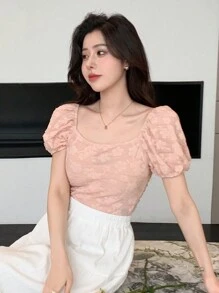 DAZY 纯色花卉纹理泡泡袖修身方领女式衬衫夏季薄纱露脐上衣女式可爱上衣 - 粉色 - 查看 4