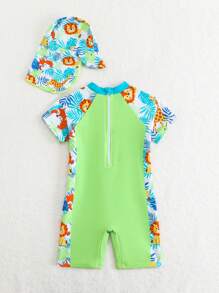 SHEIN GraphicGems Baby Boy Cute Cartoon Lion Printed Sleeveless Rash Guard With Sun Hat, Summer Swimwear - Multicolor - View 2