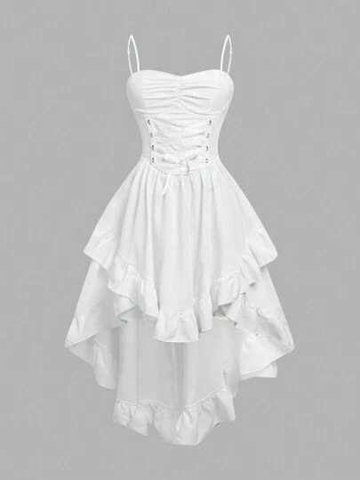 SHEIN Girlism Tween Girl Fitted Elegant Elegant Spaghetti Strap Ruffled Waist Binding High Low Dress