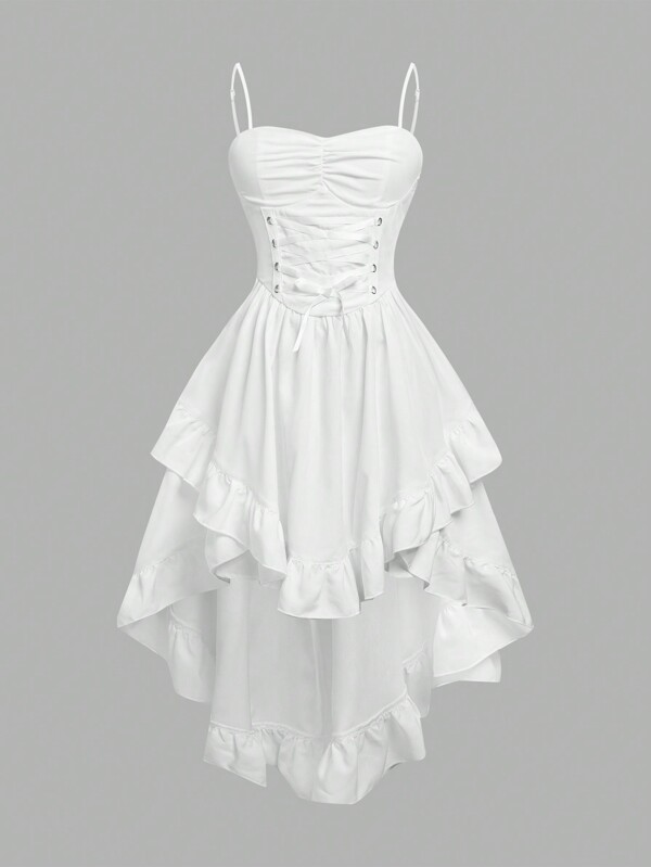 SHEIN Girlism Tween Girl Fitted Elegant Elegant Spaghetti Strap Ruffled Waist Binding High Low Dress