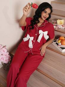 Conjunto de pijama con camisa y pantalones de bloqueo de color con adorno de lazo