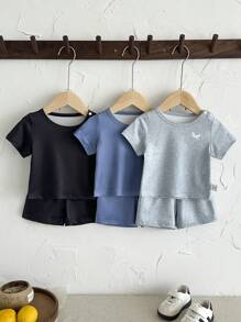 6pcs/Pack Newborn Baby Boy/Girl Black, Blue, Gray Short Sleeve Shorts Set, Comfortable All Occasions Summer Outfit, Great Value Multi-Piece Set - Multicolor - View 4