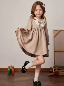 PrepCrw Young Girls Loose Khaki Color Contrast Collar Summer Dress