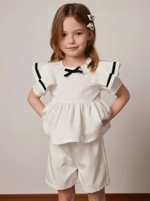 PrepCrw 少女学院风白色编织领上衣和短裤套装，春夏 - 白色 - 查看 5