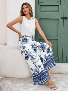 SHEIN Clasi Women Print Sleeveless Pleated Loose White & Blue Placement Print Wide Leg Pants 2 Pieces Set - Multicolor - View 7