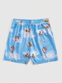 ROMWE MEN Casual Men's Angel Print Drawstring Waist Pocket Shorts, Vacation