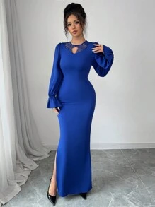Modelyn Long Sleeve Lace Patchwork Fitted Ruffle Hem Dress For Women - Blue - View 5