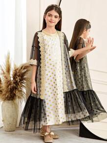 Tween Girl Metallic Print Mini Dress With Golden Ribbon Mesh Cardigan 2 Pieces Set - Gold - View 4