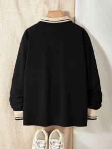 Vacaura 青少年男孩时尚简约黑鹰刺绣长袖 Polo 衫 - 黑色 - 查看 2