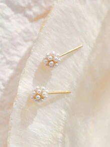 1对优雅不锈钢仿珍珠装饰耳钉，适合女性日常佩戴，圣诞节冬季圣诞礼物 - 金黃色 - 查看 5