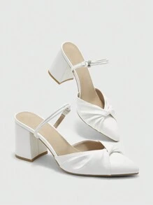 CUCCOO BIZCHIC Women Fashion Pointed Toe Plain Elegant Wedding Chunky Heel Slip-On Pumps, Versatile Basic Style For Work & Commute - White - View 2