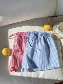 Comfortcana Pantaloni scurți casual de damă din in dungi cu șnur, ambalați - roșu - Vizualizare 5