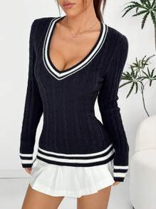 SHEIN EZwear Jersey de manga larga con cuello en V ajustado para mujer, con estampado de rayas, para otoño/invierno