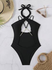 SHEIN Swim Luksusowy seksowny Hollow Solid Color Halter Pearls Decor jednoczęściowy kostium kąpielowy, letni strój na plażę dla kobiet