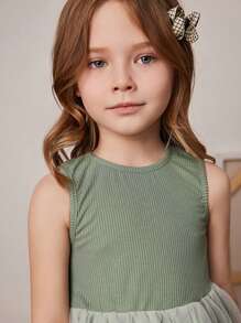 PrepCrw Vestido de punto verde con malla de contraste, estilo academia, para niñas, primavera/verano