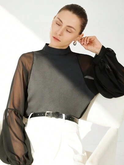 SHEIN Privé Elegant & Chic Modern Romantic Mature Stylish Black Chiffon Funnel Neck Lantern Sleeve Women Blouse Fall Cloth For Women