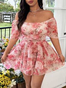 Flirla 大码波西米亚风花卉印花雪纺连体衣，优雅可爱浪漫度假海滩装，短袖，春夏 - 彩色 - 查看 2