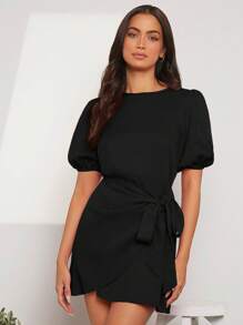 Firerie 女士优雅纯色泡泡袖系腰迷你裹身连衣裙 - 黑色 - 查看 4
