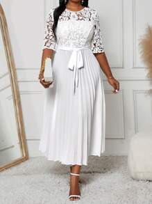 Fleurora Vestido informal de talla grande para vacaciones con unicolor, empalmado con encaje, cintura imperio, bajo plisado para verano, ropa y vestidos de mujer para otoño - Blanco - Ver 7