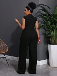 Slaydiva Spring/Summer Casual Slim Fit Solid Black Sleeveless Shirt Collar V-Neck Zip Front Straight Leg Pants - Knit Textured Fabric Women Plus Size Jumpsuit - Black - View 2