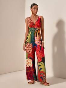 Zivah Nuevo mono de verano estilo chaleco con cuello en V, botones con decoración de ramas en el centro delantero, abertura amplia, piernas anchas, extra largo, estampado de lunares y leopardo para mujer - Multicolor - Ver 5