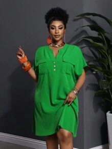 Slaydiva 2025 New Elegant Casual/Business Casual Women Shirt Dress With Pockets, V-Neck Loose Short Sleeve Mini Relaxed Dress - A