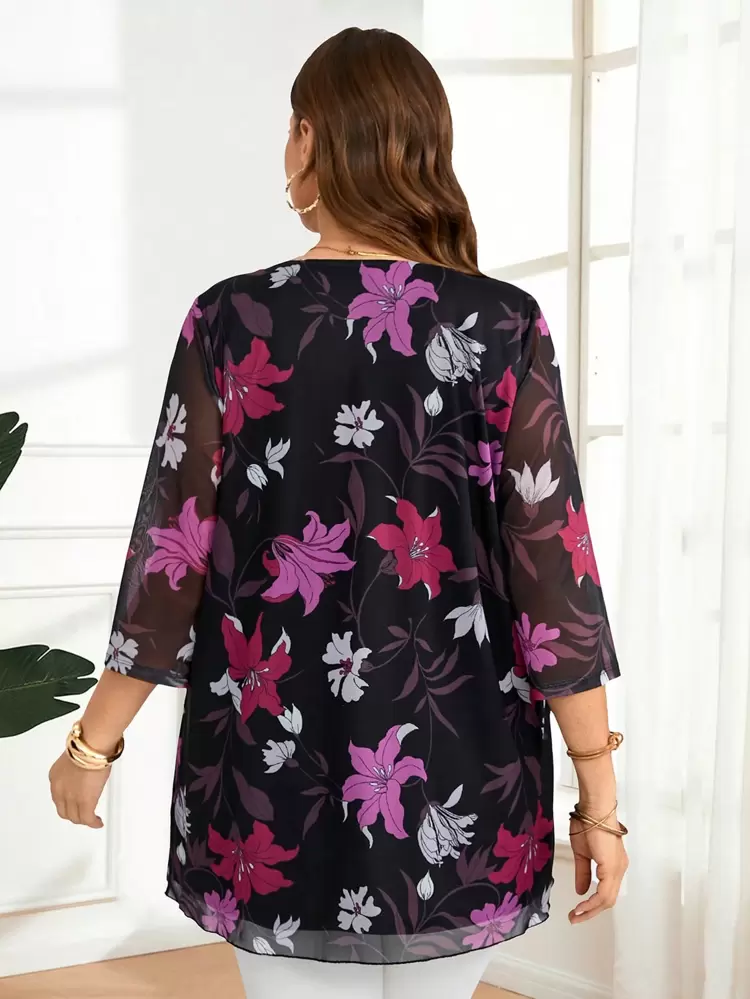 Plus Size Casual Floral Print Wrap Hem Blouse Spring For Women Bridal Shower Elegant Mesh Floral