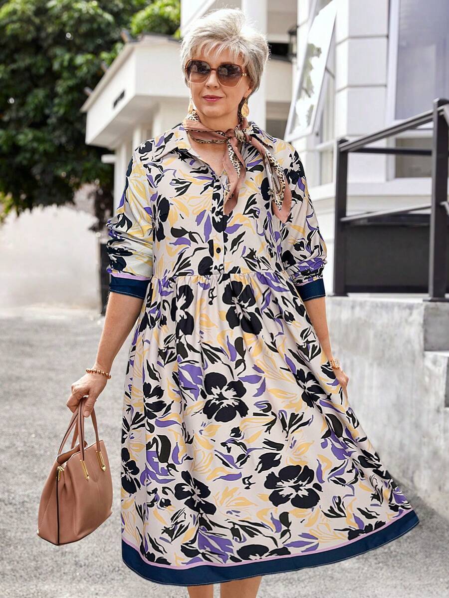 大码女式花卉印花长袖休闲连衣裙，秋季 - 藏蓝色 - 查看 1