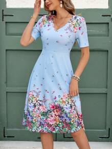 SHEIN Clasi Floral Print V Neck Dress White Dress - Baby Blue - View 7