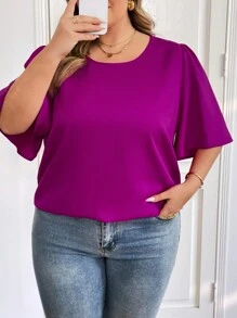 SHEIN CURVE+ Camisa de mujer de tallas grandes de cuello redondo y mangas acampanadas en unicolor