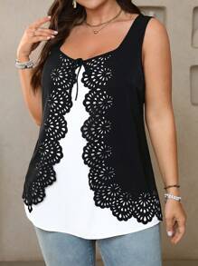 EMERY ROSE Blusa de talla grande, elegante camisa de línea A con dobladillo fruncido en color block negro y blanco