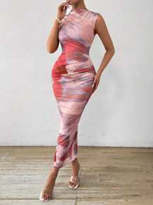 Chiquease Vestido largo elegante de mujer con estampado de teñido anudado, cuello de pie, plisado y silueta esbelta para el verano - Rosa - Ver 3