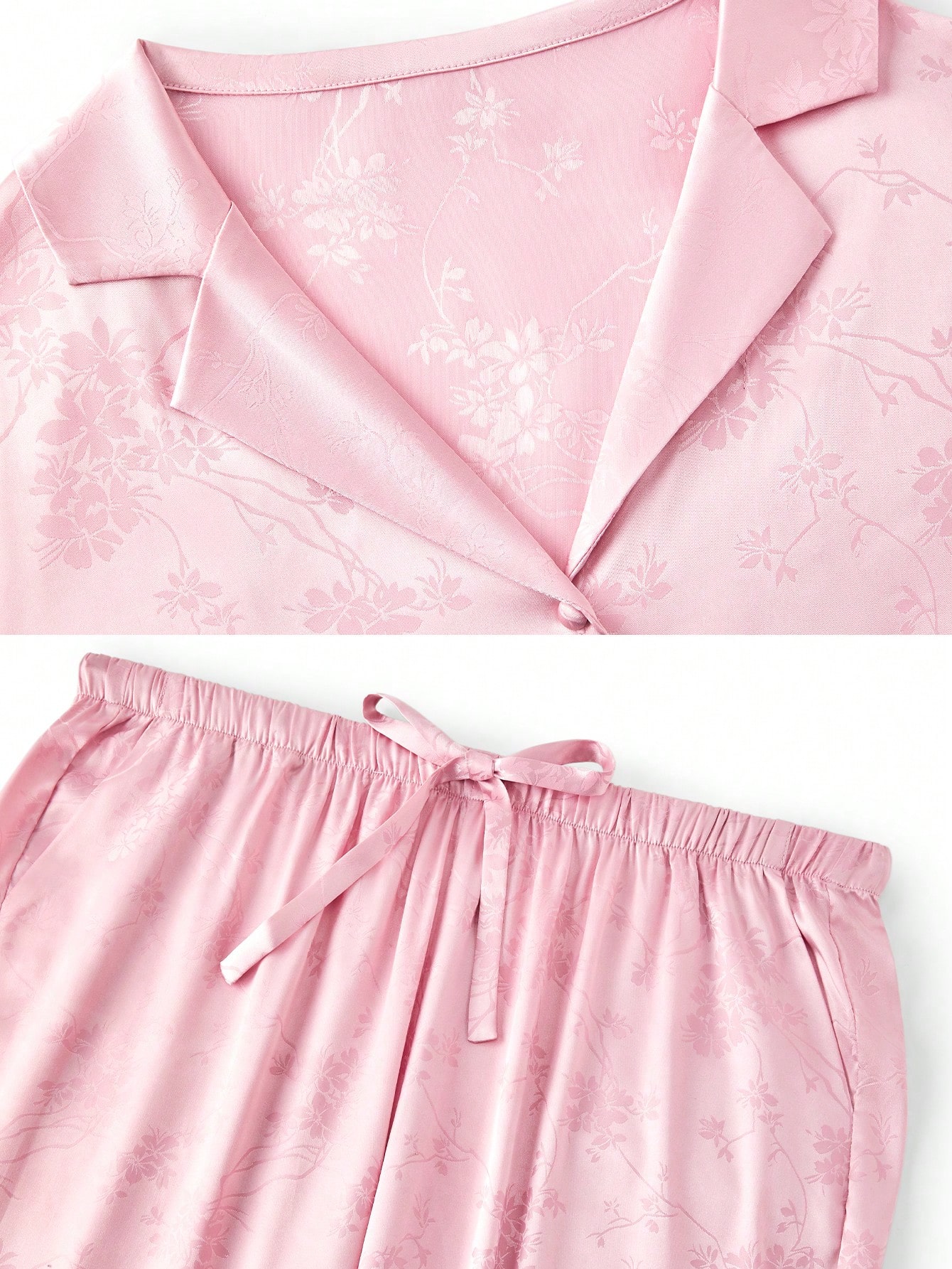 Conjunto de pijama de mujer con top con botones y pantalones con estampado floral de encaje elegante y lujoso de satén rosa retro, con bolsillos, para primavera y verano