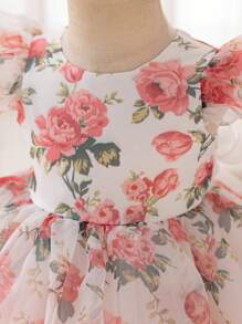 SHEIN Glamorique Kids 女婴玫瑰印花欧根纱薄纱盖袖缎面泡泡袖连衣裙，适合婚礼、花童、派对