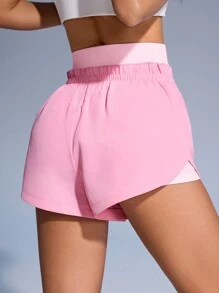 Sovereign Charm Quần short thể thao chắp vá màu khối, quần short áo len ngắn thoải mái và dễ chịu - Hồng - Xem 2