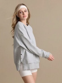 Gameset SHEIN Sport Women's Solid Color Crew Neck Drop Shoulder Long Sleeve Casual Sweatshirt - Light Grey - View 6