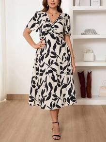 SHEIN Frenchy Plus Size Resort Dresses, Printed Dresses, Summer Short-Sleeved Dresses, Casual Dresses, Boho/Bohemian, Women Beachwear, Long Beach Dress, Plant Print Twist Knot Casual Work Dress - Apricot - View 6