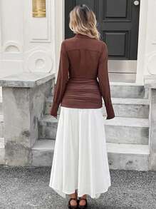 SHEIN Essnce Women Elegant Solid Color Long Sleeve Blouse With Color Block Ruched Skirt 2 Pieces Set - Multicolor - View 6