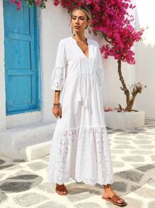 Vivid Eden Damen V-Ausschnitt Fransen-Seil Patchwork Stickerei strukturierter Stoff A-Linie Urlaubskleid